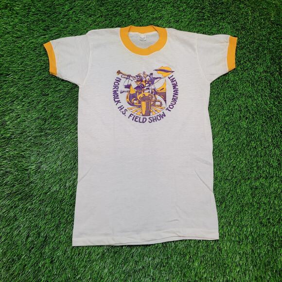 VTG 70s Norwalk HS Marching Band Ringer T-Shirt Mens XS Slim Long 18x28 - Picture 1 of 5